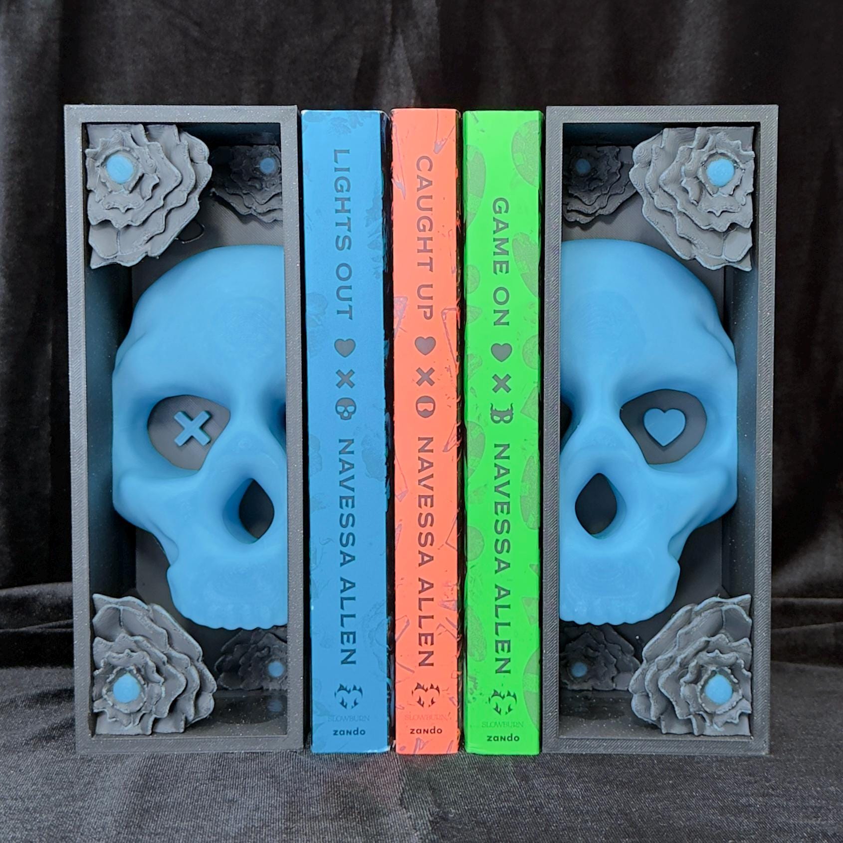 Blue Skull and Roses Book Nook | Dark Romance Bookshelf Decor